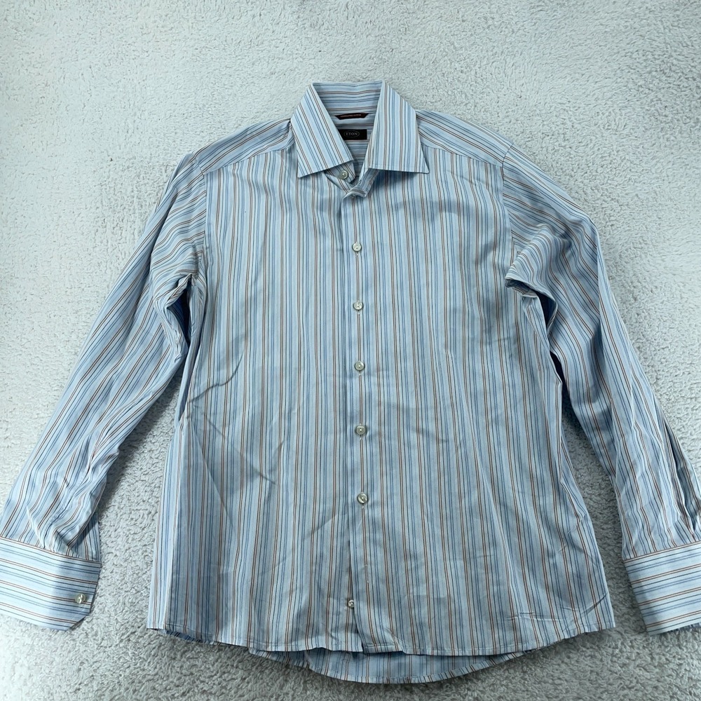 Eton Shirt Men FITS L/XL Colorful Striped Wrinkle Free Cotton Collared Button Up
